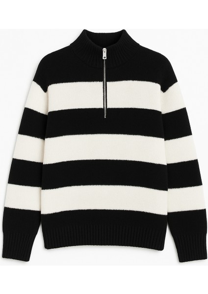 Regular Fit Erkek Dik Yaka Yarım Fermuarlı Çizgili Triko Kazak