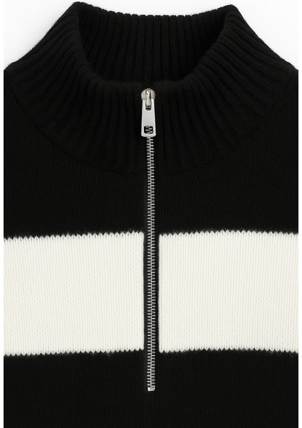 Regular Fit Erkek Dik Yaka Yarım Fermuarlı Çizgili Triko Kazak modelleri