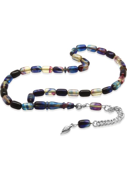 Ateş Kehribar Tesbih - Kararmaz Metal Püsküllü - Mini Boy - Lacivert Beyaz Renk - Kapsül Kesim