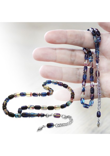 Ateş Kehribar Tesbih - Kararmaz Metal Püsküllü - Mini Boy - Lacivert Beyaz Renk - Kapsül Kesim fiyatları