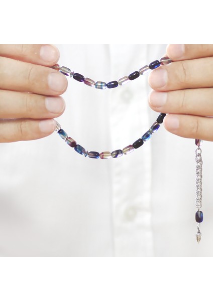 Ateş Kehribar Tesbih - Kararmaz Metal Püsküllü - Mini Boy - Lacivert Beyaz Renk - Kapsül Kesim modelleri