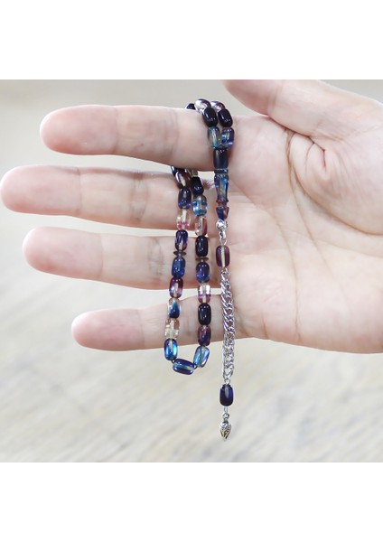 Ateş Kehribar Tesbih - Kararmaz Metal Püsküllü - Mini Boy - Lacivert Beyaz Renk - Kapsül Kesim fırsatları