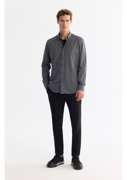 Erkek Lacivert Düğmeli Yaka %100 Pamuk Flanel Slim Fit Gömlek A42Y2002