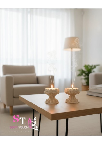 Soft Dekoratif Ayaklı Çiçek Desenli Mumluk Obje Ikili Set Beyaz
