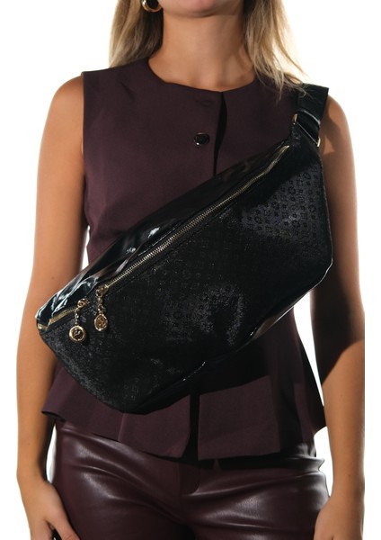 Venta Siyah-Siyah Baskılı Kadın Büyük Bel Çantası