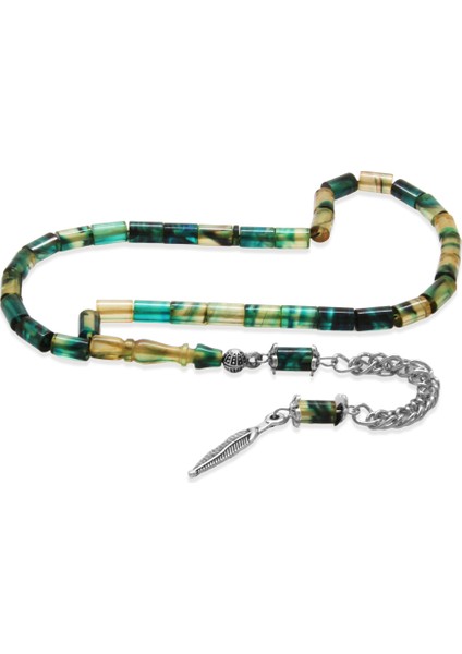 Ateş Kehribar Tesbih - Kararmaz Metal Püsküllü - Mini Boy - Mavi Beyaz Renk - Kesme Kesim