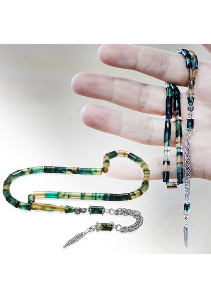 Ateş Kehribar Tesbih - Kararmaz Metal Püsküllü - Mini Boy - Mavi Beyaz Renk - Kesme Kesim fiyatları