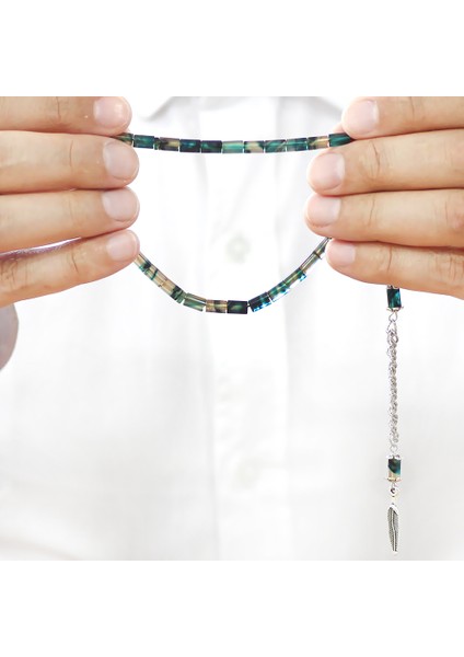 Ateş Kehribar Tesbih - Kararmaz Metal Püsküllü - Mini Boy - Mavi Beyaz Renk - Kesme Kesim modelleri