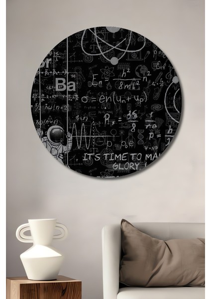 Astronot ve Fizik Denklemleri Kara Kalem Görünümlü Ahşap Dekoratif Tablo Yuvarlak Tablo