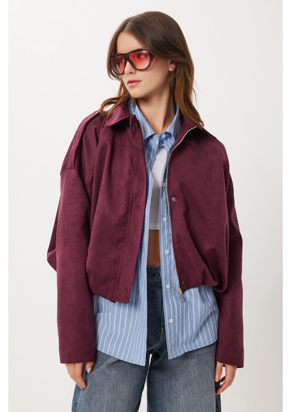 Süet Görünümlü Bomber Ceket LOH0014 Mürdüm fiyatları