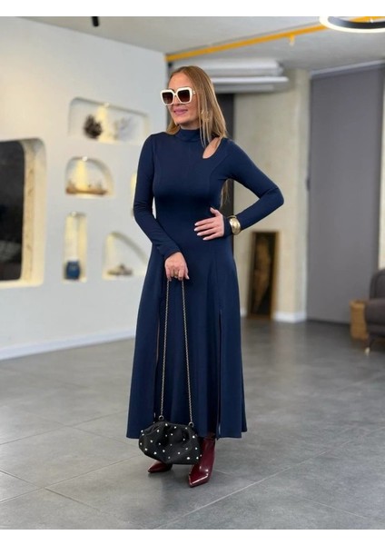 Kadın Balıkçı Yaka Damla Detaylı Yırtmaçlı Uzun Viskon Iki Iplik Maxi Elbise fiyatları