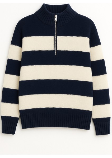 Regular Fit Erkek Dik Yaka Yarım Fermuarlı Çizgili Triko Kazak