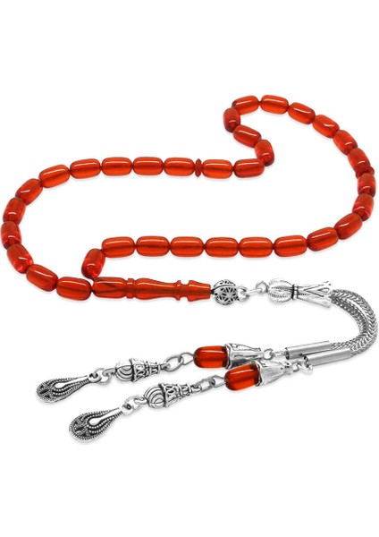 Ateş Kehribar Tesbih - Kararmaz Metal Damla Püsküllü - Turuncu - Mini Boy - Kapsül Kesim