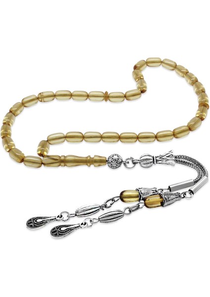 Ateş Kehribar Tesbih - Kararmaz Metal Damla Püsküllü - Saman Sarı - Mini Boy - Kapsül Kesim