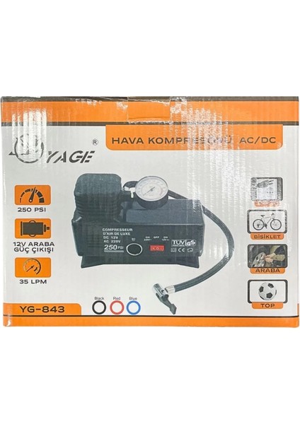 220 Volt-12 Volt 250 Psi Kompresör Lastik Hava Şişirme Oto Pompası Fişli Ve Çakmaklı Yage-843 (4887)