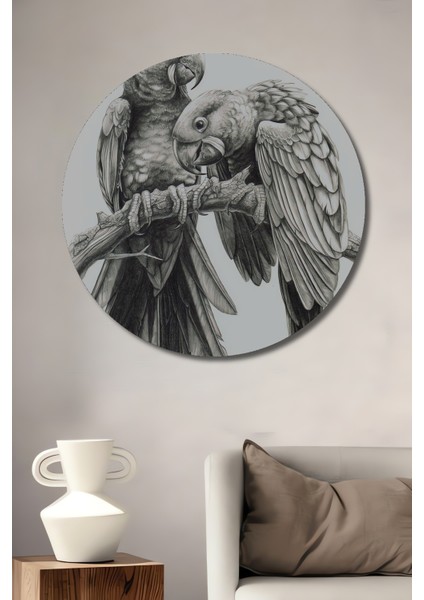 Kara Kalem Görünümlü Ahşap Dekoratif Tablo Sevgi Kuşları Modern Sanat Yuvarlak Tablo