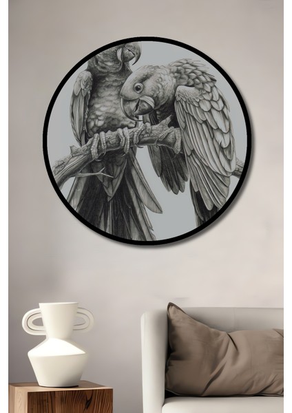 Kara Kalem Görünümlü Ahşap Dekoratif Tablo Sevgi Kuşları Modern Sanat Yuvarlak Tablo fiyatları