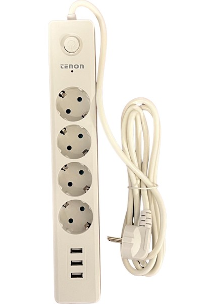 Tenon Termal Akım Korumalı Priz 3xusb Şarj Girişi 4xpriz Girişi 2mt Kablo Uzunluğu 10A,2500WATT, 2500 Joule Max.