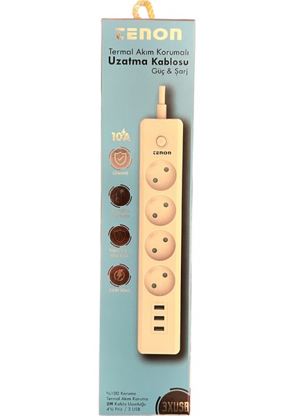 Tenon Termal Akım Korumalı Priz 3xusb Şarj Girişi 4xpriz Girişi 2mt Kablo Uzunluğu 10A,2500WATT, 2500 Joule Max. fiyatları