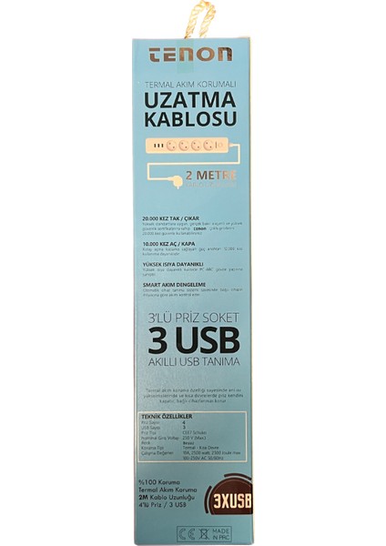 Tenon Termal Akım Korumalı Priz 3xusb Şarj Girişi 4xpriz Girişi 2mt Kablo Uzunluğu 10A,2500WATT, 2500 Joule Max. modelleri