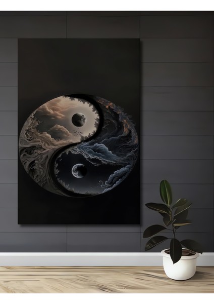 Yin Yang Kara Kalem Görünümlü Ahşap Dekoratif Tablo Dikdörtgen Tablo