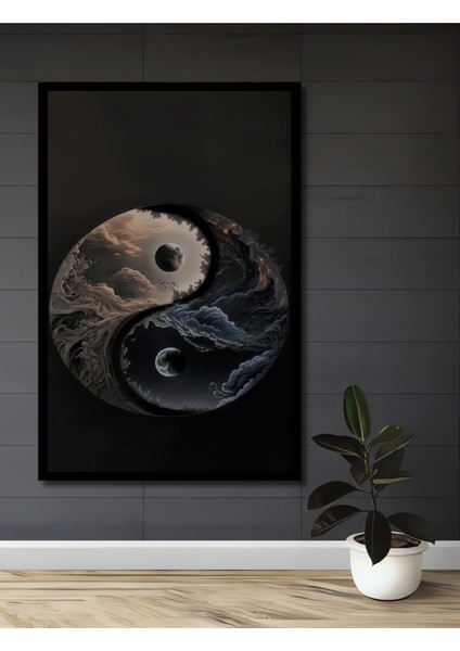 Yin Yang Kara Kalem Görünümlü Ahşap Dekoratif Tablo Dikdörtgen Tablo fiyatları