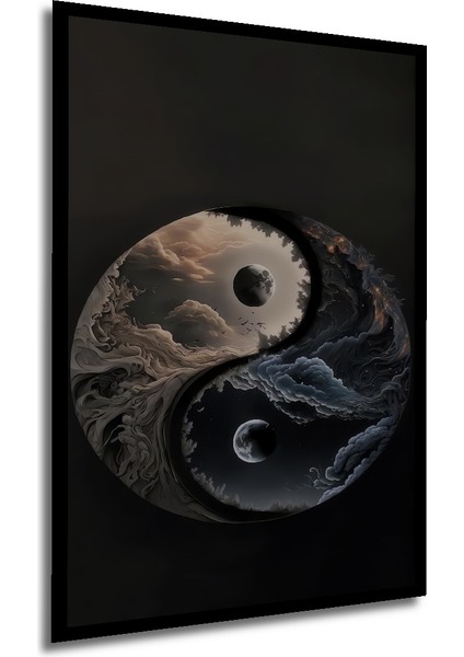 Yin Yang Kara Kalem Görünümlü Ahşap Dekoratif Tablo Dikdörtgen Tablo