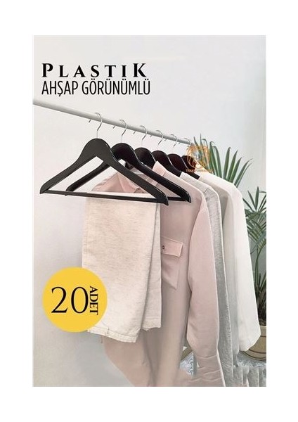 Engithalat Ahşap Görünüm Plastik Askı 20 Adet Siyah