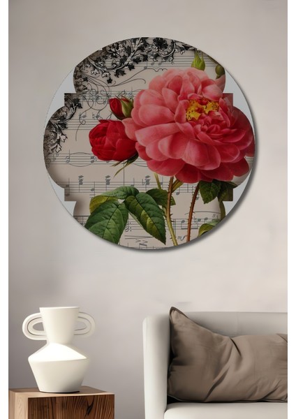 Romantik Gül Suluboya Görünümlü Ahşap Dekoratif Tablo Yuvarlak Tablo