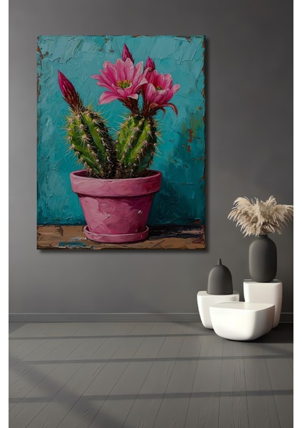 Pembe Saksıda Canlı Kaktüs Yağlı Boya Görünümlü Ahşap Dekoratif Tablo Dikdörtgen Tablo