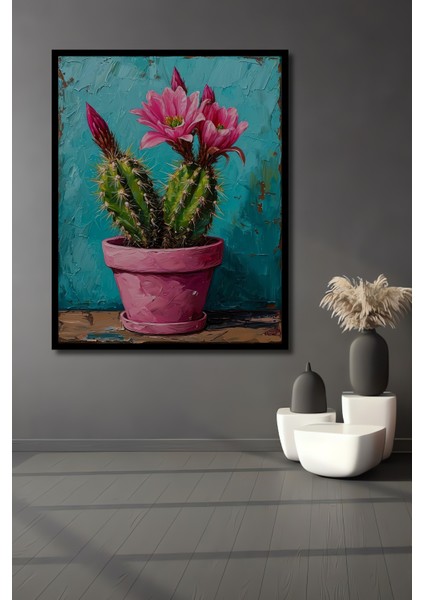 Pembe Saksıda Canlı Kaktüs Yağlı Boya Görünümlü Ahşap Dekoratif Tablo Dikdörtgen Tablo fiyatları