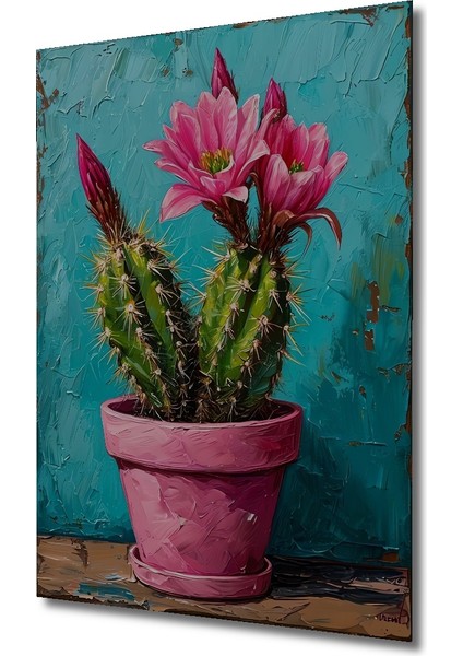 Pembe Saksıda Canlı Kaktüs Yağlı Boya Görünümlü Ahşap Dekoratif Tablo Dikdörtgen Tablo modelleri