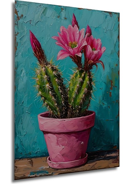 Pembe Saksıda Canlı Kaktüs Yağlı Boya Görünümlü Ahşap Dekoratif Tablo Dikdörtgen Tablo fırsatları