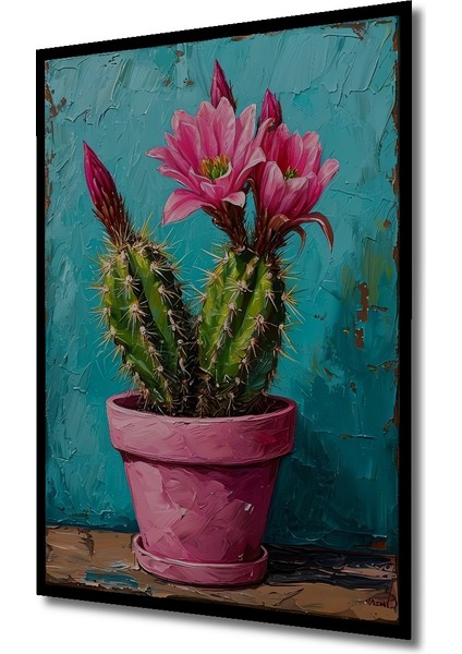 Pembe Saksıda Canlı Kaktüs Yağlı Boya Görünümlü Ahşap Dekoratif Tablo Dikdörtgen Tablo indirimleri