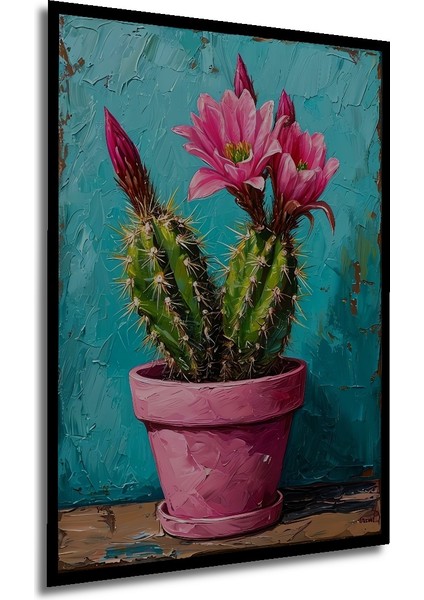 Pembe Saksıda Canlı Kaktüs Yağlı Boya Görünümlü Ahşap Dekoratif Tablo Dikdörtgen Tablo