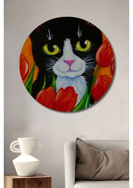Sevimli Kedi ve Kırmızı Lale Yağlı Boya Görünümlü Ahşap Dekoratif Tablo Yuvarlak Tablo
