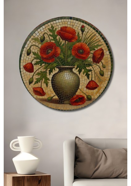 Mozaik Görünümlü Kırmızı Haşhaş Çiçekleri Ahşap Dekoratif Tablo Yuvarlak Tablo