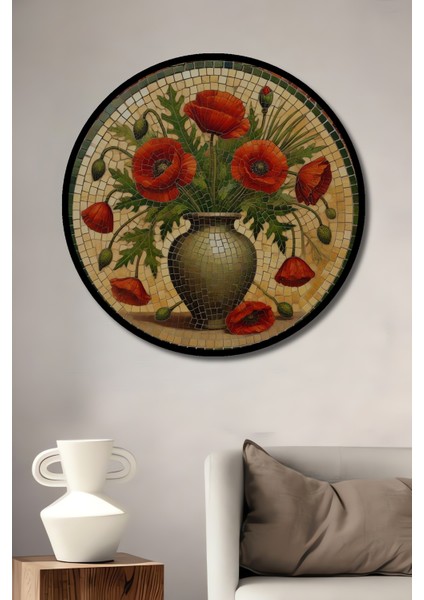 Mozaik Görünümlü Kırmızı Haşhaş Çiçekleri Ahşap Dekoratif Tablo Yuvarlak Tablo fiyatları
