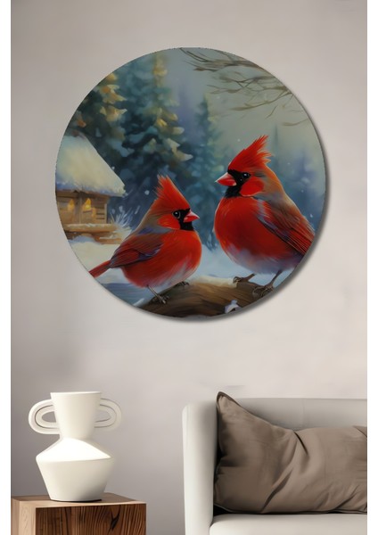 Kış Masalı Kırmızı Kardinal Kuşları Yağlı Boya Görünümlü Dekoratif Ahşap Tablo Yuvarlak Tablo