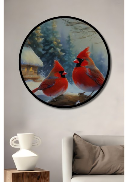 Kış Masalı Kırmızı Kardinal Kuşları Yağlı Boya Görünümlü Dekoratif Ahşap Tablo Yuvarlak Tablo fiyatları