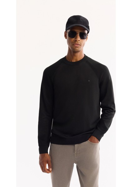 Erkek Siyah Bisiklet Yaka Dokulu Triko Regular Fit Kazak A52Y5083