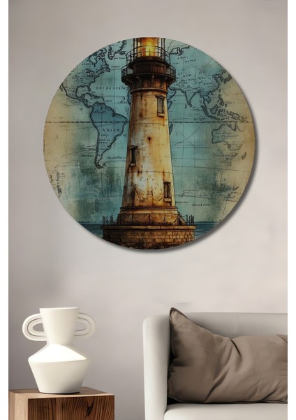 Deniz Feneri Yağlı Boya Görünümlü Ahşap Dekoratif Tablo Dünya Haritası Temalı Yuvarlak Tablo