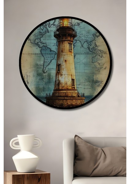 Deniz Feneri Yağlı Boya Görünümlü Ahşap Dekoratif Tablo Dünya Haritası Temalı Yuvarlak Tablo fiyatları