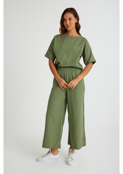Keten Günlük Rahat Beli Lastikli Kadın İkili Takım Alt Üst