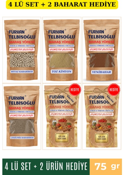 Çekilmiş Karabiber 75GR + Kimyon Toz + Yenibahar Toz 75GR + Ak Biber - Beyaz Karabiber 75GR + 2 Baharat Hediye