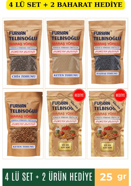 Chia Tohumu 25GR + Keten Tohumu Tane 25GR + Keten Tohumu Toz 25GR + Haşhaş Tohumu 25GR + 2 Baharat Hediye