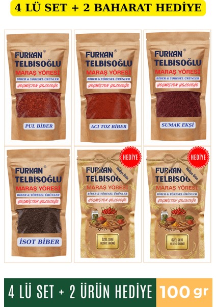 Acı Toz Biber 100GR + Sumak Ekşi Tozu 100GR + Premium Isot Biber 100GR + Pul Biber 100GR + 2 Baharat Hediye
