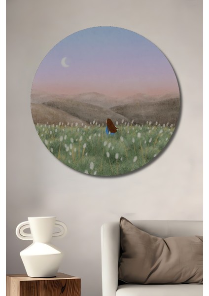 Gökyüzü ve Çiçekler Arasında Kaybolan Kız Sulu Boya Görünümlü Dekoratif Ahşap Tablo Yuvarlak Tablo