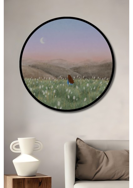 Gökyüzü ve Çiçekler Arasında Kaybolan Kız Sulu Boya Görünümlü Dekoratif Ahşap Tablo Yuvarlak Tablo fiyatları