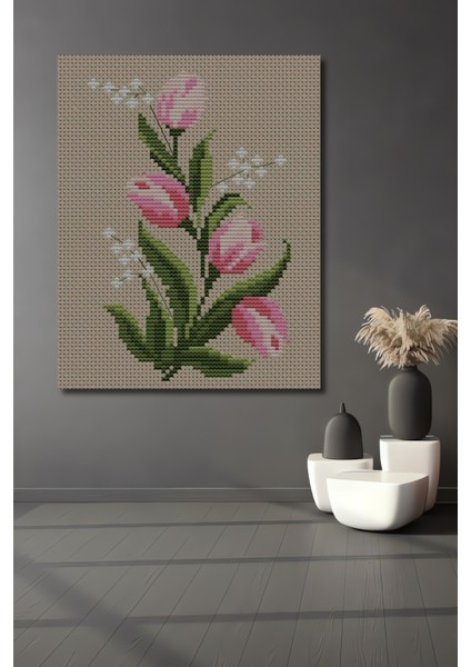 Ahşap Dekoratif Kanaviçe Işlemeli Pembe Lale Buketi Tablo Dikdörtgen Tablo